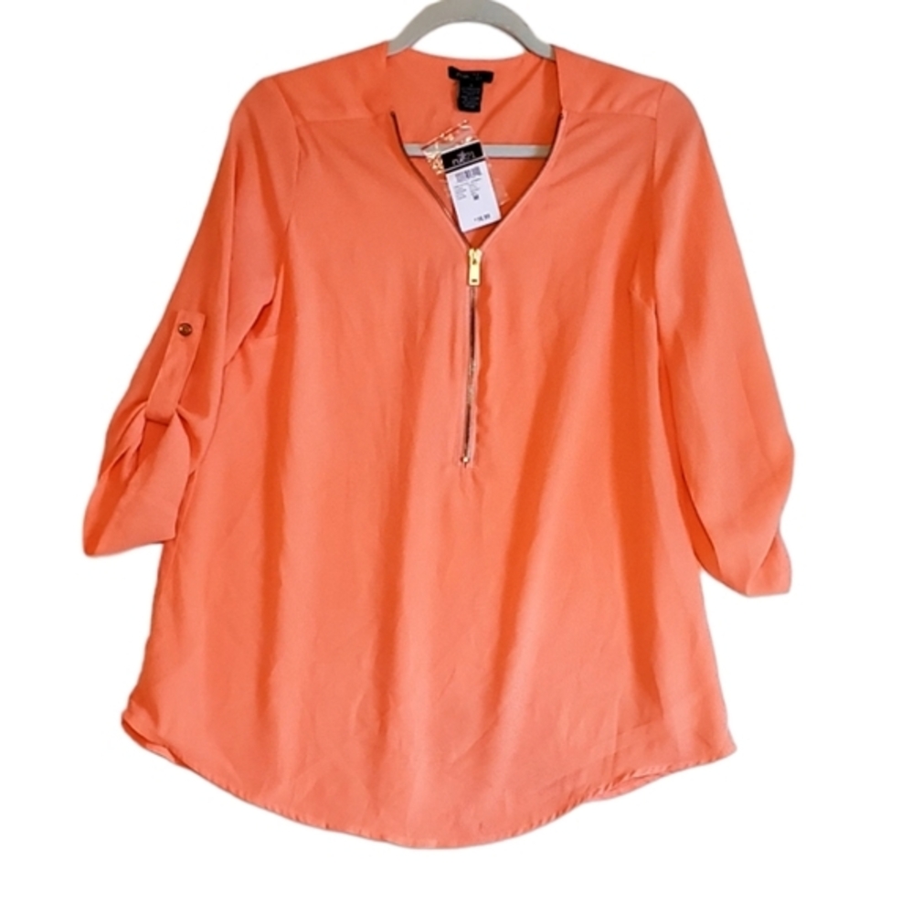 Rue21 Orange‎ Blouse Top Half Zipper Roll Tab Sleeve V-neck Medium Women NWT